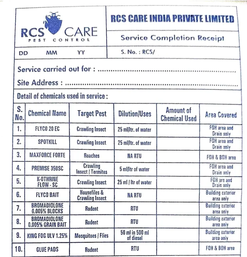 RCS Care Service Completion Receipt, showing the chemical schedule with target pest, dilution and approved area for each of ten products